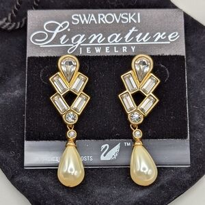 Vintage Swarovski Statement Crystal and Faux Pearl Drop Earrings NEW
